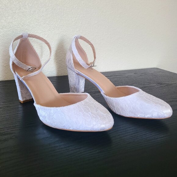 Kailee P White Lace Block 3inch Heel With Satin Tie and Ankle Strap Options - Picture 1 of 6
